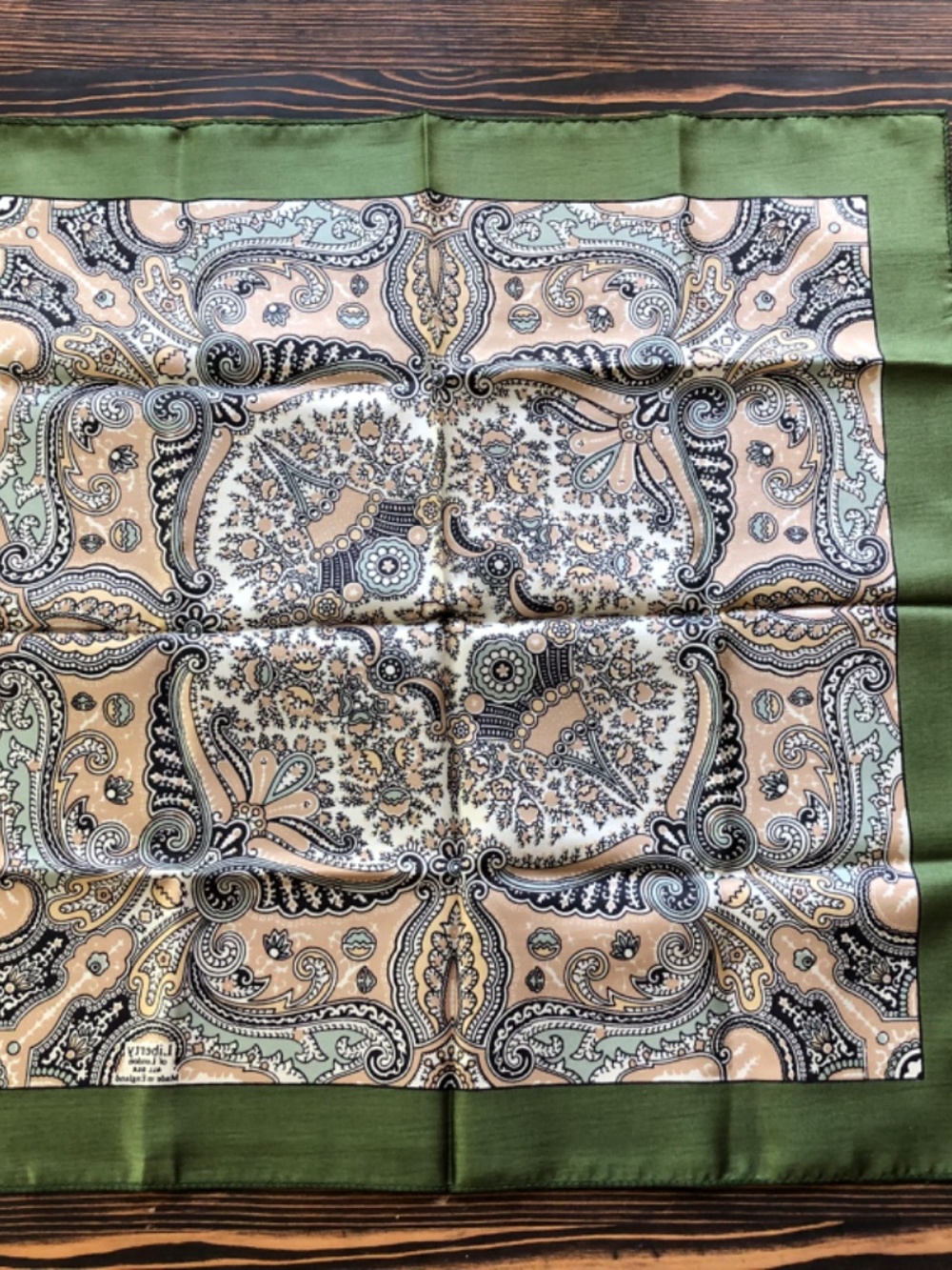 Green Cream Silk Scarf 17 Inches Square by London of Liberty - Picture 10 of 12